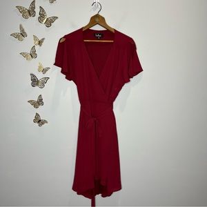 Red Maroon Short Sleeve Wrap Dress